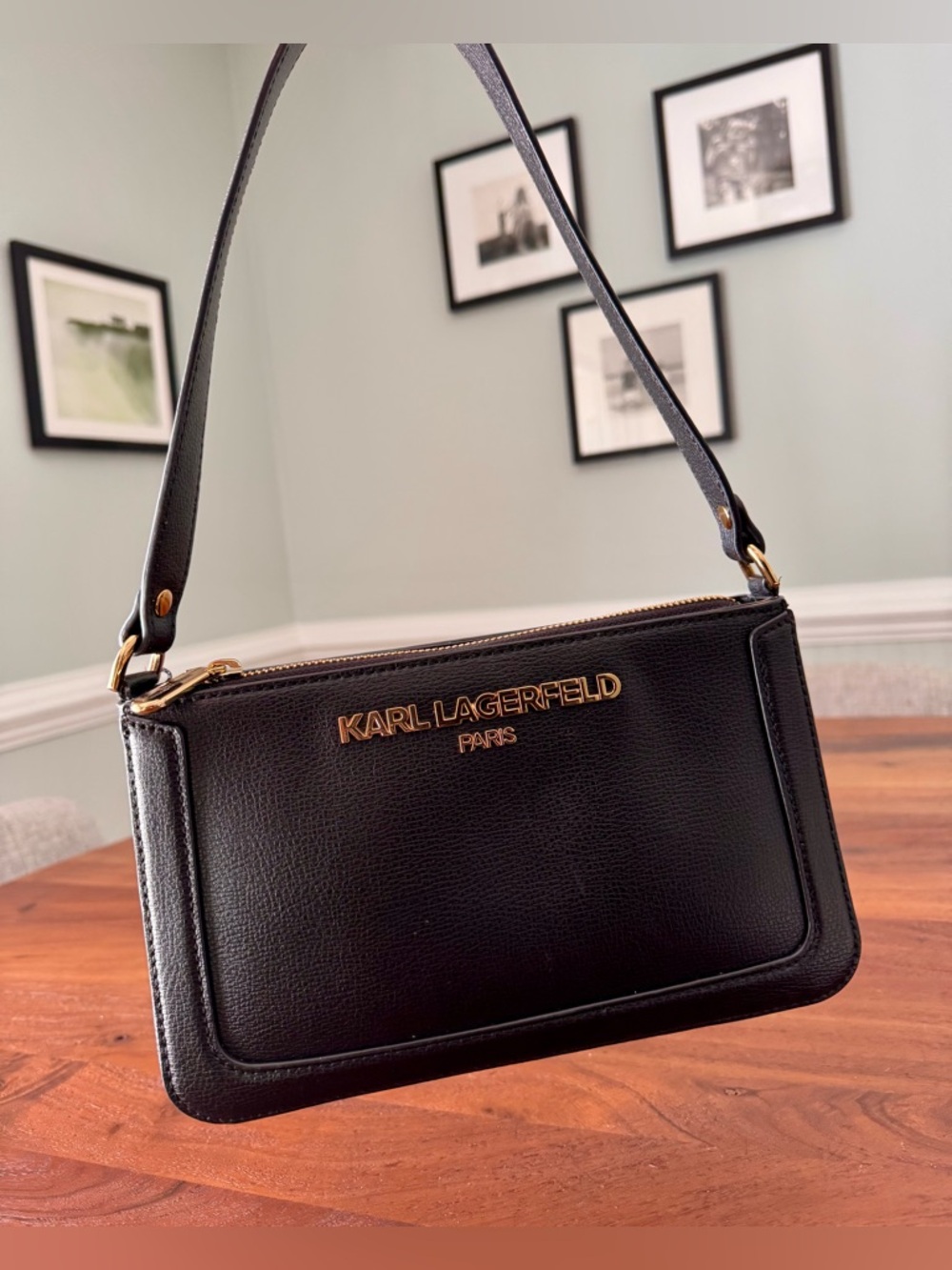 Karl Lagerfeld Paris Black Leather Shoulder Bag w/ Zipper Closure Gold Emblem